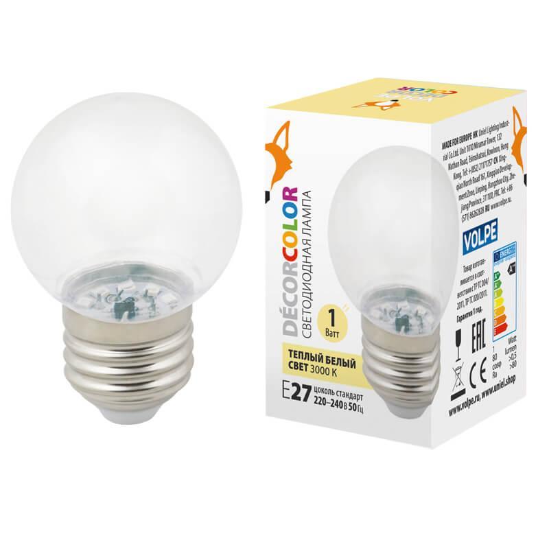 LED-G45-1W/3000K/E27/CL/С Лампа декоративная светодиодная E27 1W 3000K прозрачная UL-00005807 Volpe LED-G45