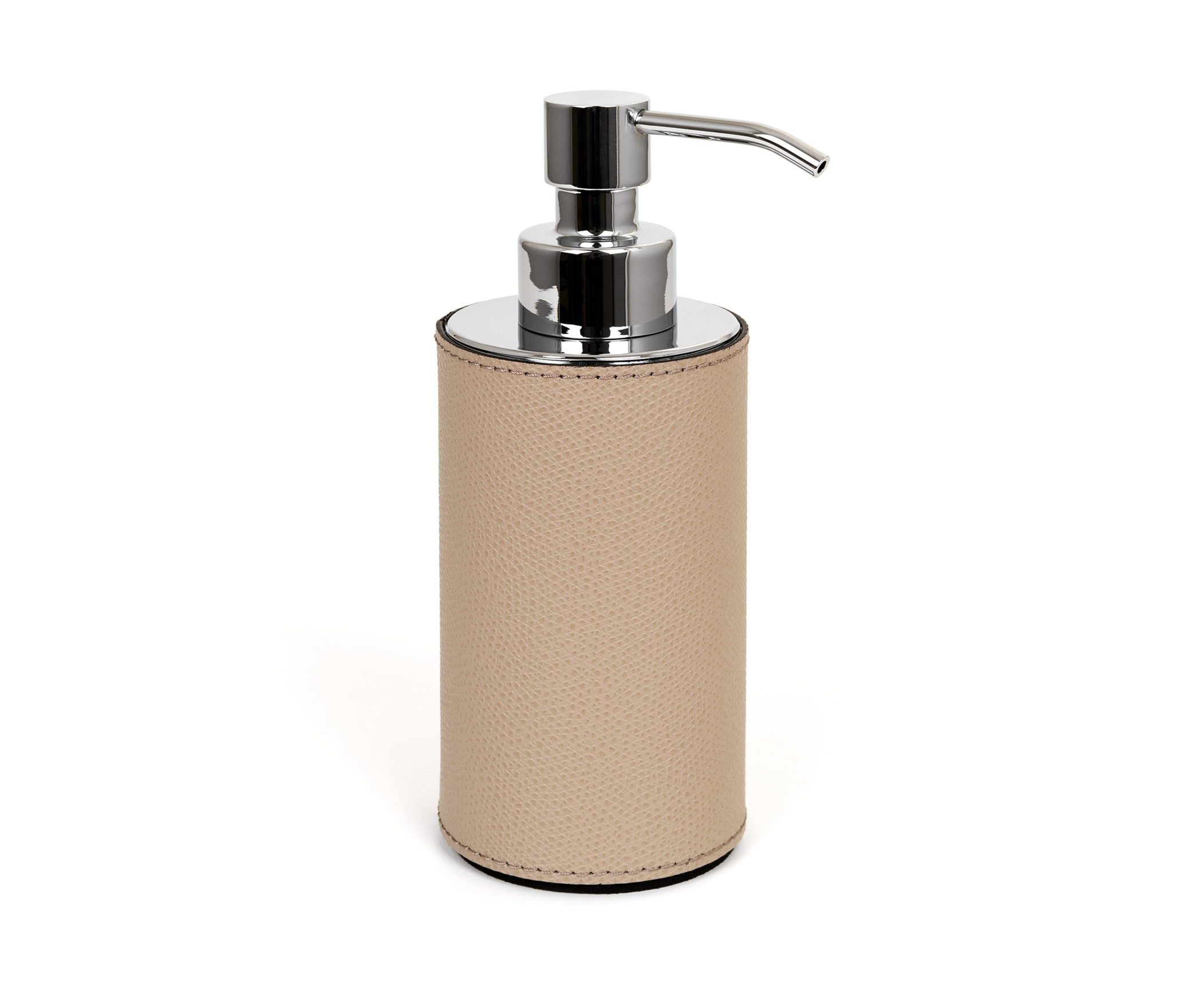 Дозатор для мыла Poseidon круглый - Ø 6XH16,5 см / хромированный металл / тканая кожа серо-коричневый
