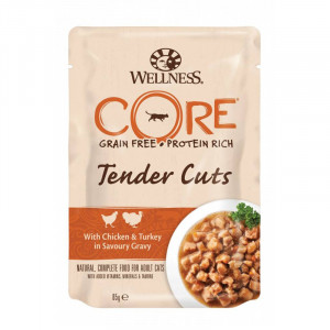 ПР0044884 Корм для кошек Core Tender Cuts нежные кусочки курицы и индейки в пикантном соусе пауч 85г Wellness