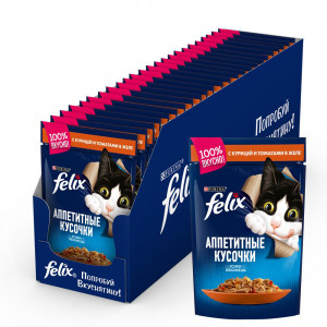 ПР0013786*24 Корм для кошек Аппетитные кусочки с курицей и томатами в желе, пауч 85 г (упаковка - 24 шт) FELIX
