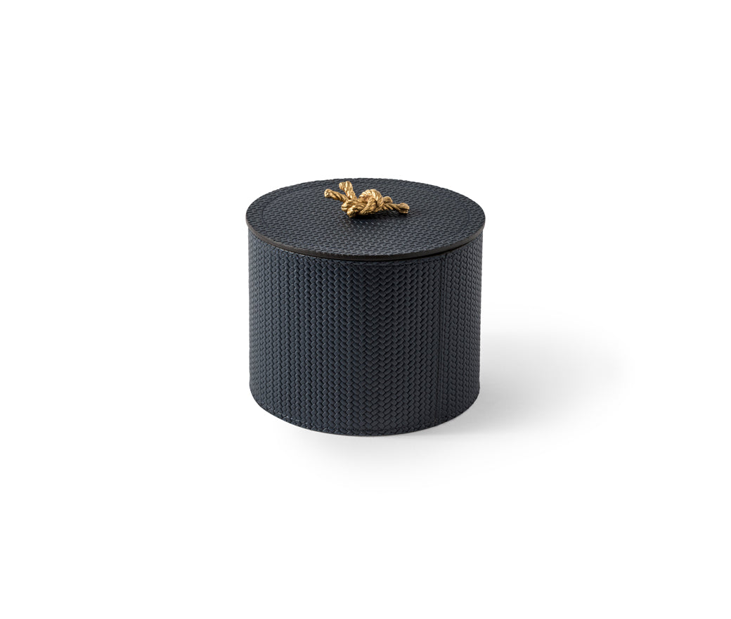 Круглая коробка Thalia - Ø 17XH13 см / металл-отделка_золото / плетеная кожа_кофе