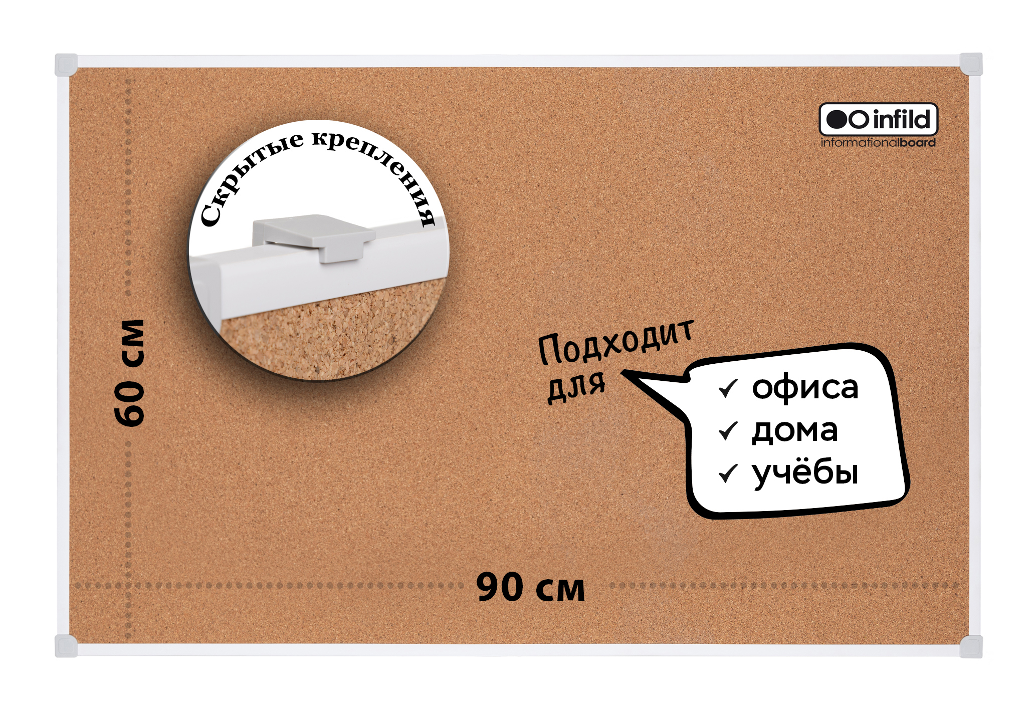 91093911 Доска с пробковым покрытием ВC-PL69, 60х90 см в ПВХ профиле STLM-0480755 INFILD