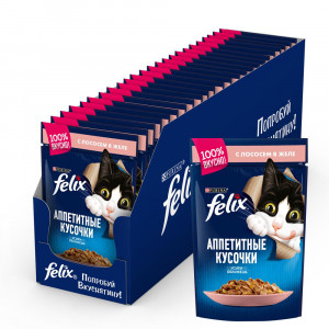 ПР0013785*24 Корм для кошек Аппетитные кусочки с лососем в желе, пауч 85 г (упаковка - 24 шт) FELIX
