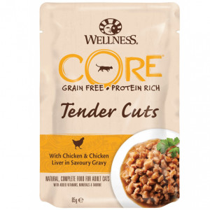 ПР0044888*24 Корм для кошек Core Tender Cuts нежные кусочки курицы,курин.печени в пикантн.соусе пауч 85г (упаковка - 24 шт) Wellness