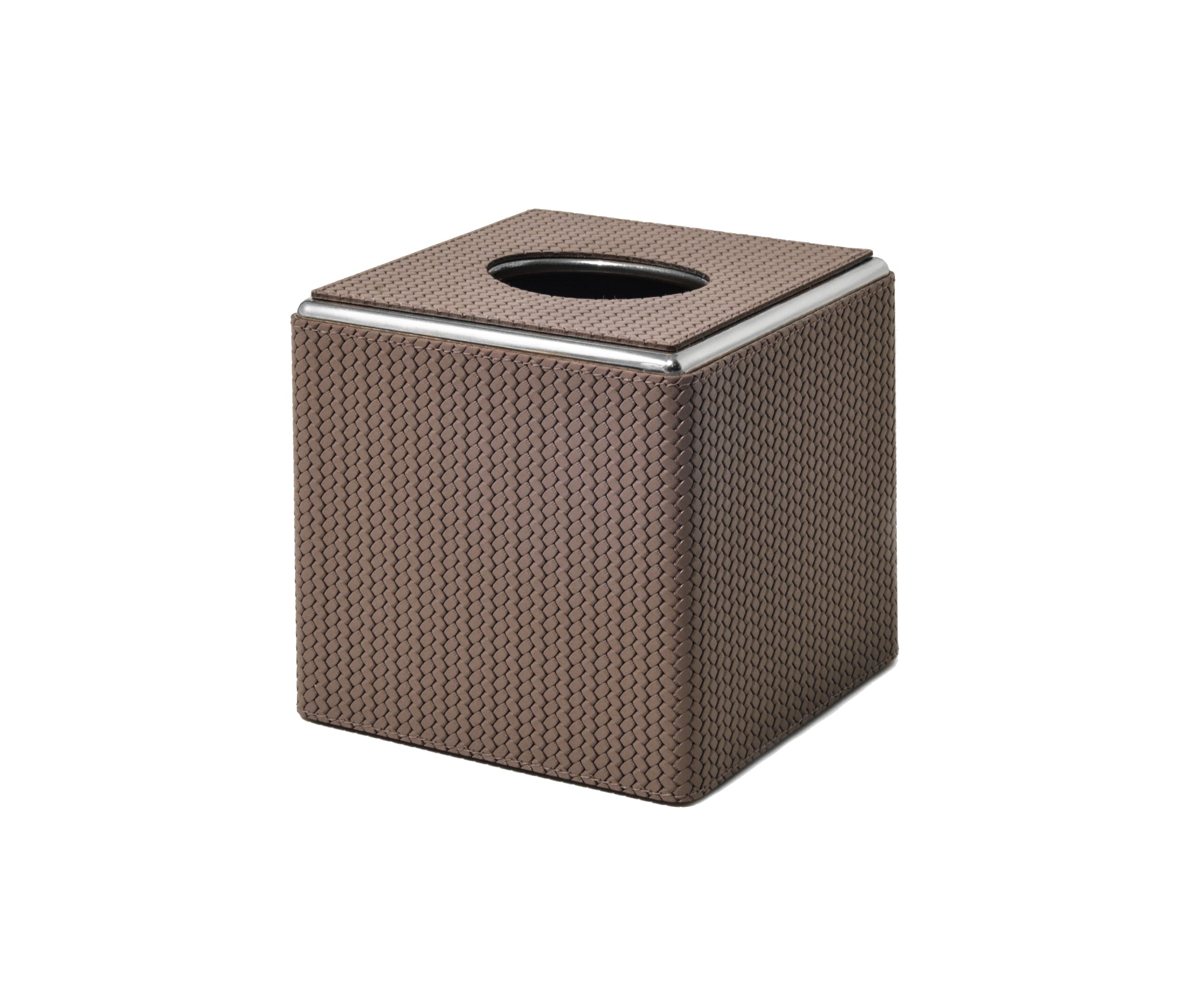 Квадратная коробка для салфеток - 14X14XH13,5 см / металлическая отделка_хром / плетеная кожа_кофе