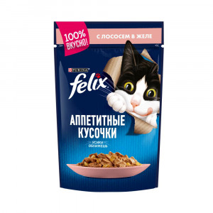 ПР0013785 Корм для кошек Аппетитные кусочки с лососем в желе, пауч 85 г FELIX