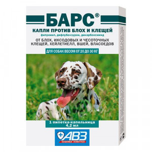 ПР0035768 Капли для собак БАРС весом 20-30кг от блох и клещей 1 доза 4,2мл АВЗ