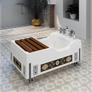 Акриловая ванна "ТАХАРАТ", рама-подставка с декоративными ножками, слив, комплект панелей, сиденье из террасной доски