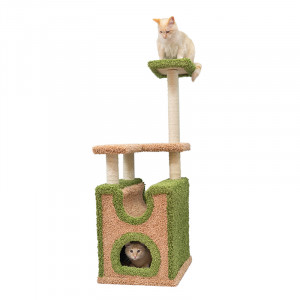 ПР0056218 Когтеточка для кошек Комплекс с домиком и двумя площадками 51х42х122см бежево-зеленый ковролиновый Foxie