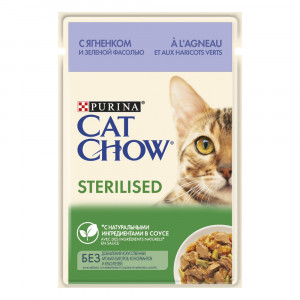 ПР0049783 Корм для кошек для стерилизованных и кастрированных, ягненок с зеленой фасолью в соусе, пауч 85 г Cat Chow