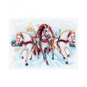 1539 Канва/ткань с рисунком Рисунок на канве 33 см х 45 см "Тройка лошадей" Матренин посад