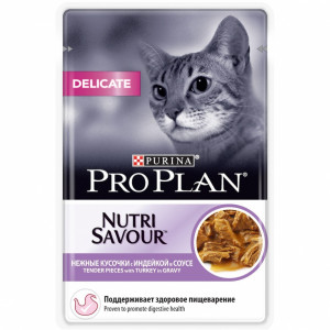 ПР0030906 Корм для кошек NutriSavour с чувствительным пищеварением или особыми предпочтениями в еде, с индейкой в соусе, пауч 85 г Pro Plan