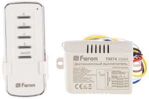 15749068 Дистанционный выключатель TM74 230V 1000W 4-х канальный 30м с пультом управления, белый 23263 FERON ТМ74