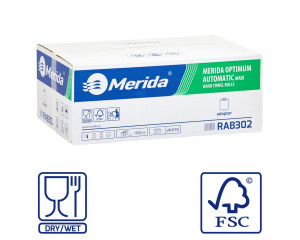 RAB302 Бумажные полотенца в рулонах с адаптером OPTIMUM AUTOMATIC MAXI, белые, диаметр 19 см, длина 250 м, однослойные, 6 рулонов в коробке Merida