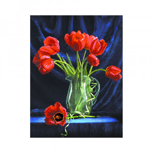 4076 Канва/ткань с рисунком Рисунок на шелке 37 см х 49 см "Тюльпаны на синем" Матренин посад