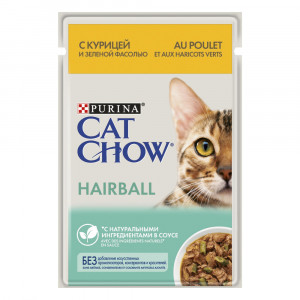 ПР0049784 Корм для кошек для контроля образования комков шерсти, курица и зеленой фасолью в соусе, пауч 85 г Cat Chow