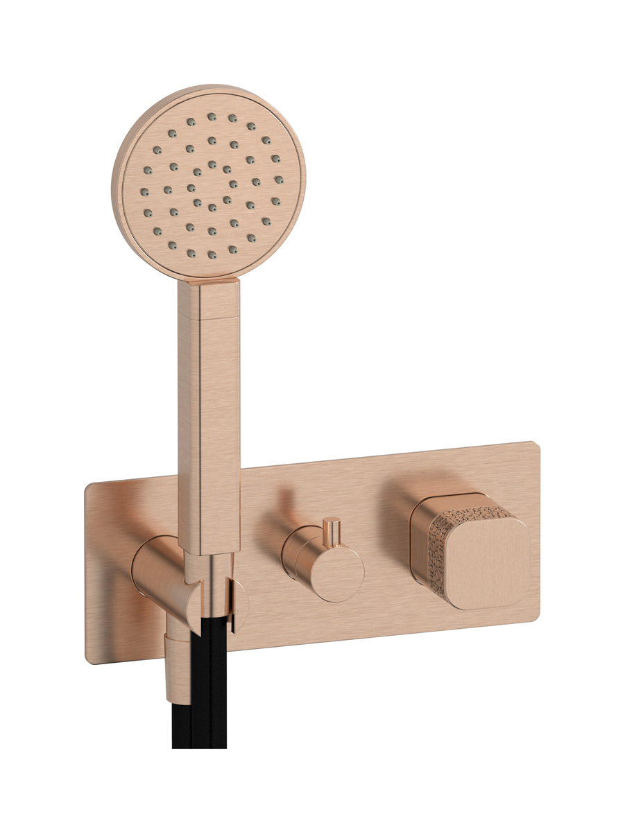 Прогрессивный настенный смеситель для душа на 3 потребителя со встроенным душевым гарнитуром. WE ARE IB eo314sr_2 Brushed Rose Gold Elio