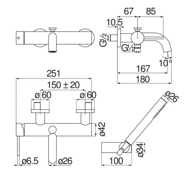 Однорычажный настенный смеситель для ванны с ручным душем Nobili Velis ARCH-00114005 - Вид №4