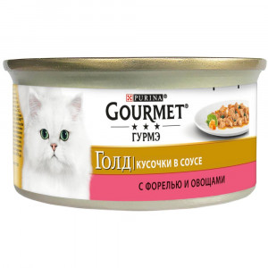 Т0045243 Корм для кошек Голд Кусочки в соусе форель с овощами, банка 85 г Gourmet