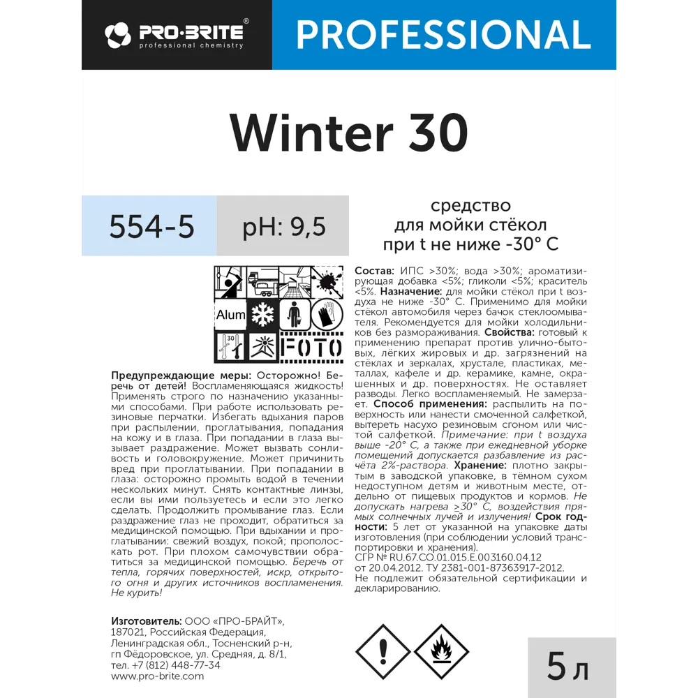 Средство чистящее для стекол Pro-Brite Winter 30 5 л STLM-2168405 - Вид №1