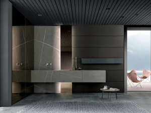 Мебель для ванной комнаты из керамогранита и дуба с зеркалом и освещением