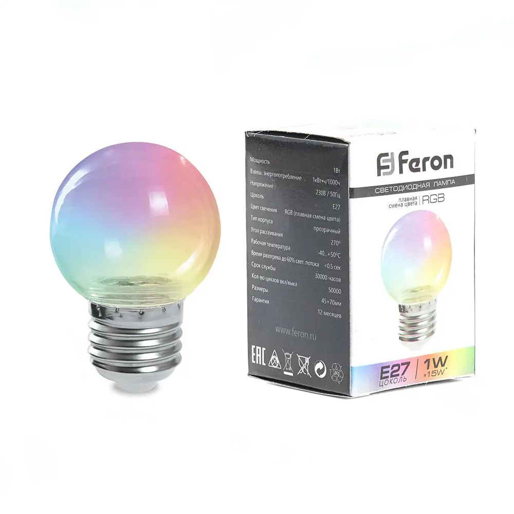 Лампа светодиодная Feron E27 LB-37 220 В 1 Вт шар быстрый регулируемый цвет света RGB STLM-2108707 - Вид №1