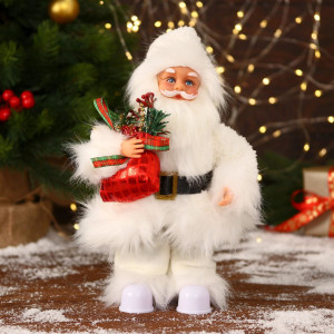 Фигура новогодняя Дед Мороз В меховом белом костюмчике с мешком двигается 11х30 см ЗИМНЕЕ ВОЛШЕБСТВО