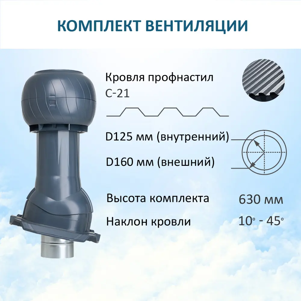 Комплект вентиляции для профнастила Gervent PROF-21 D125/160 мм цвет серый