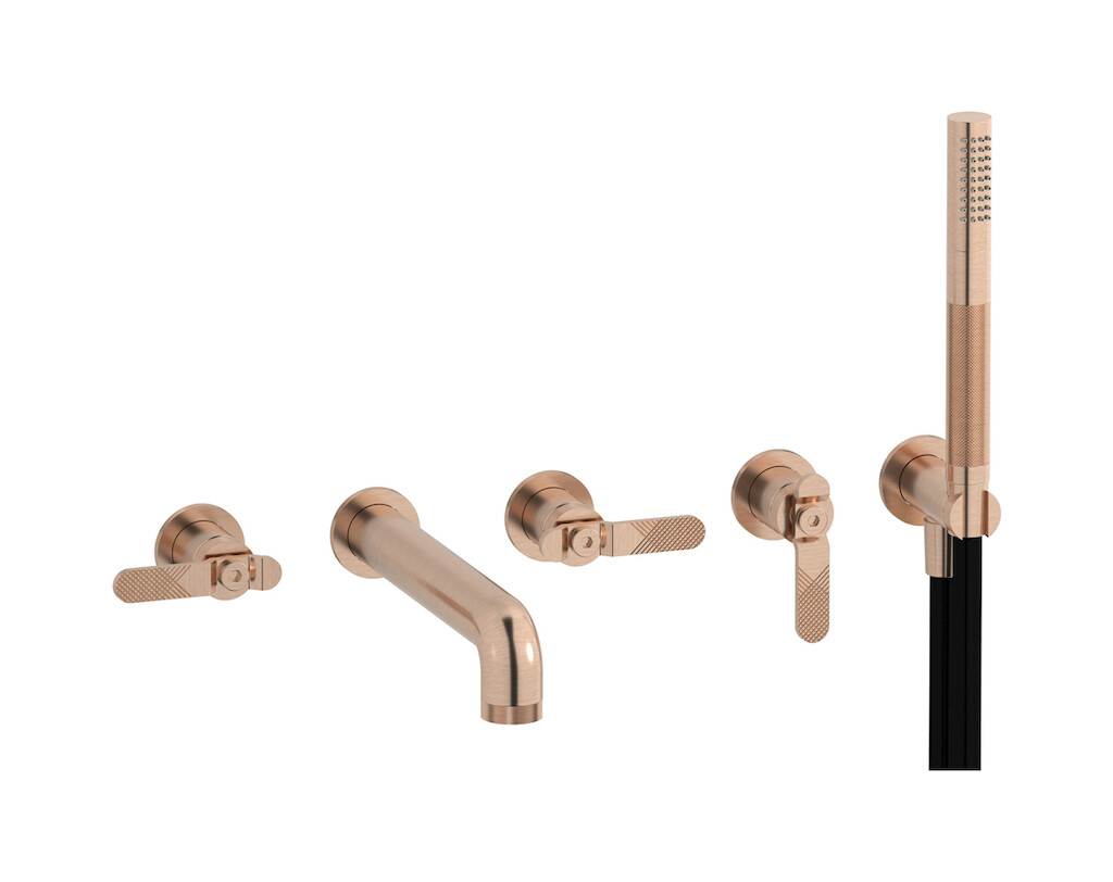 Настенный смеситель для ванной на 5 отверстий с дивертером и душевым гарнитуром. WE ARE IB b2398sr Brushed Rose Gold Bold