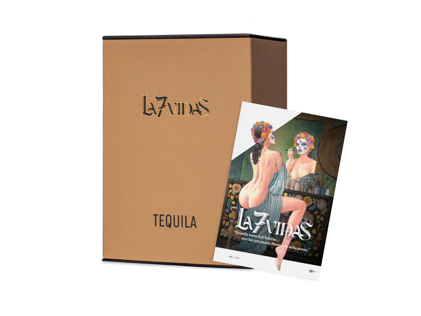 Коробка с бутылкой текилы и мультфильм J.Rose La 7 Vidas Tequila ARCH-00012747