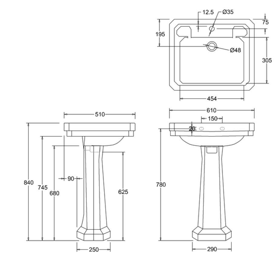 Прямоугольный умывальник из стекла на колонне Burlington Викторианская ARCH-00000638 - Вид №6