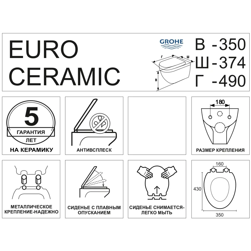 Унитаз подвесной Grohe Euro Ceramic безободковый STLM-2018365 - Вид №3