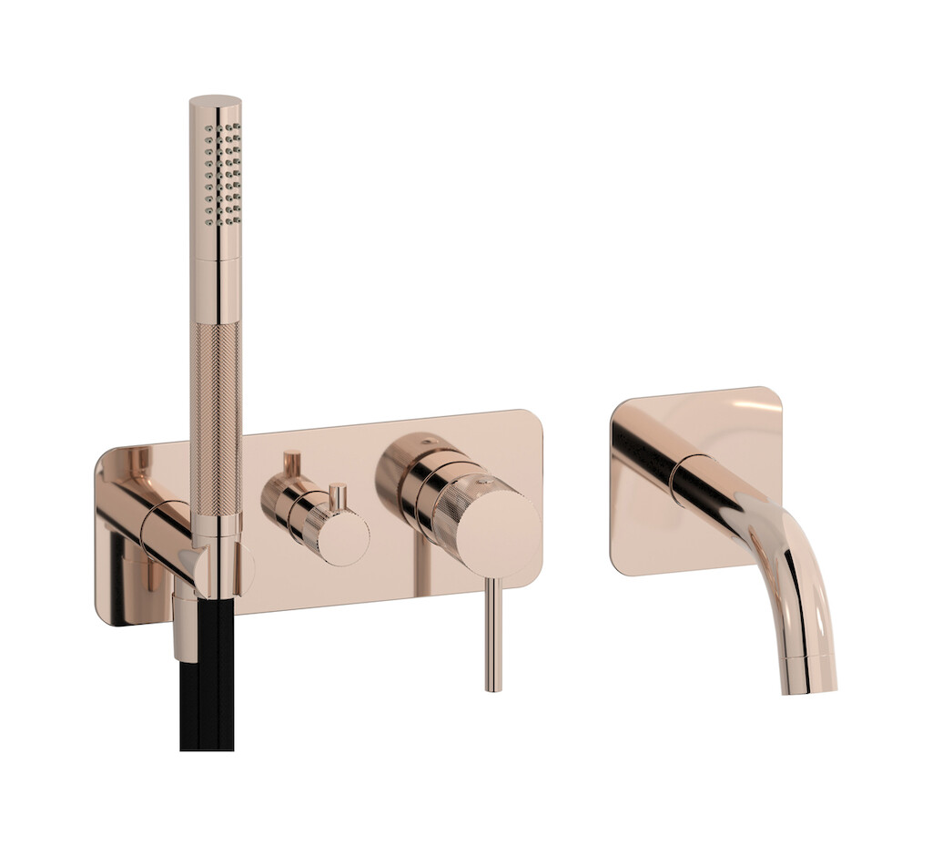 Настенный смеситель для ванной на 5 отверстий с дивертером и душевым гарнитуром. WE ARE IB id398rs Rose Gold Industria