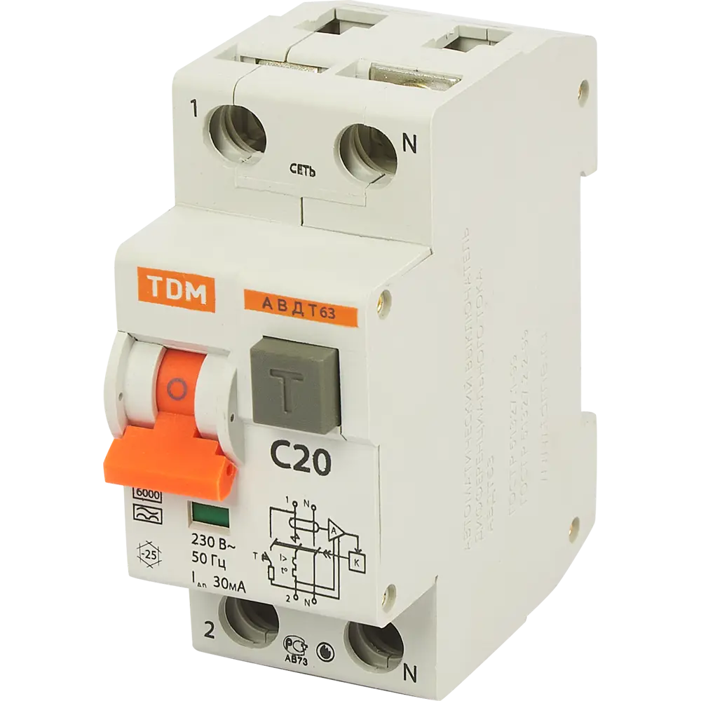 Дифференциальный автомат TDM Electric АВДТ63 1Р+N 20А 30мА 84399418 STLM-1118889
