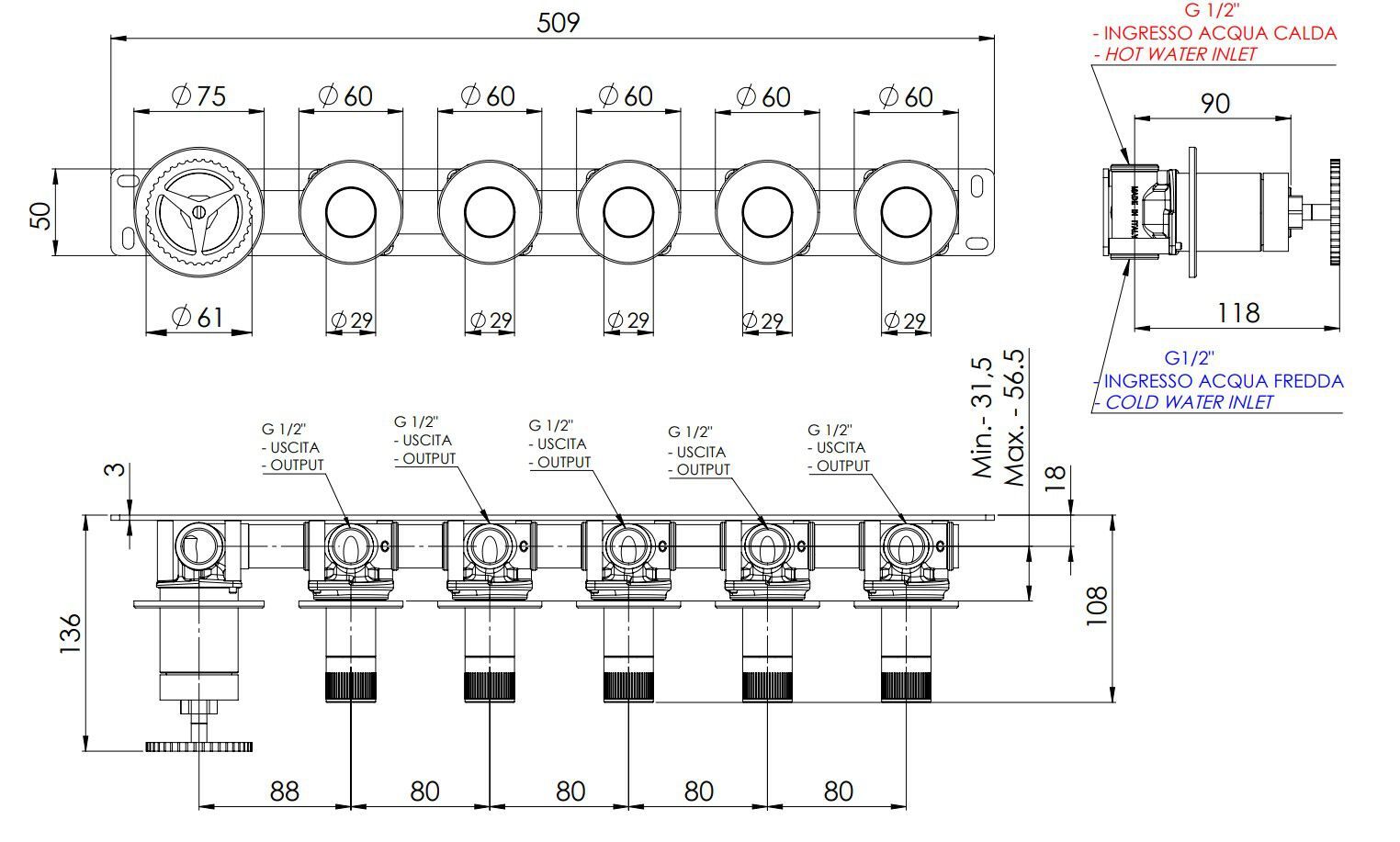 Однорычажный смеситель для душа с 6 отверстиями и переключателем Remer Rubinetterie Chrono ARCH-00134194 - Вид №1