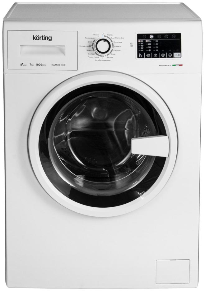 KWM 55F1070 Полноразмерные стиральные машины / 850х595х550, фронтальная загрузка, 7 кг, 1000 об/мин, сенсорное управление, led индикация настроек и этапов выполнения программ, 15 программ стирки, отложенный старт, а+++, белая Korting Santreyd 