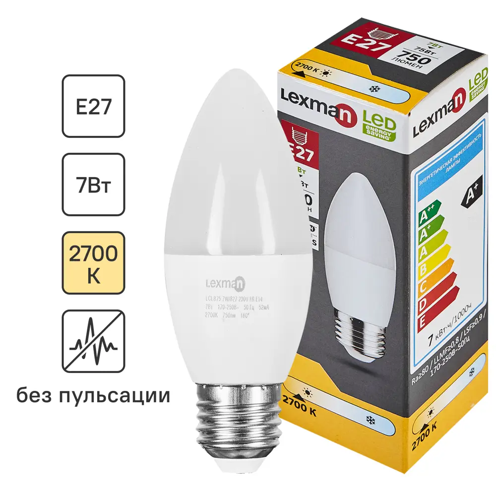 Светодиодная лампа Lexman E27 теплый белый свет 7Вт свеча 86270529 STLM-1394214