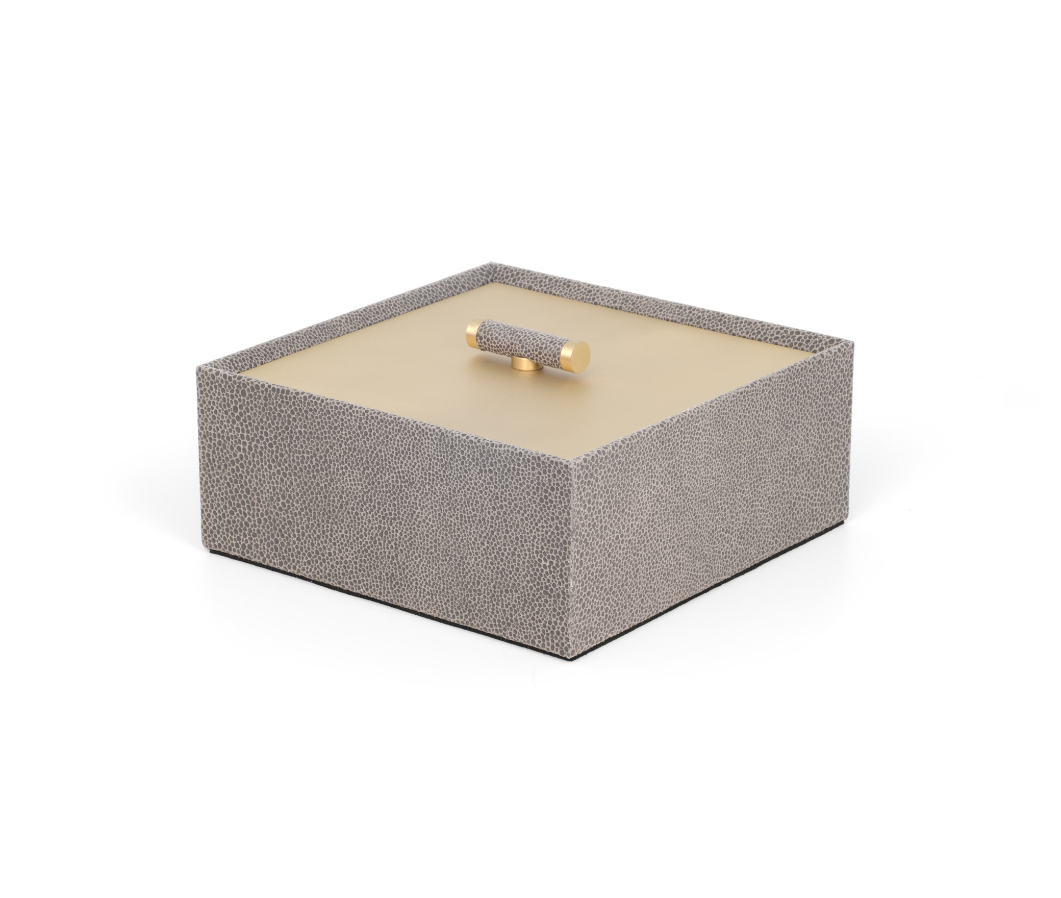 Коробка Iside - 17,6X17,6XH7,5 см / металл-финиш_сатин-латунь / ари-кожа_светло-серый