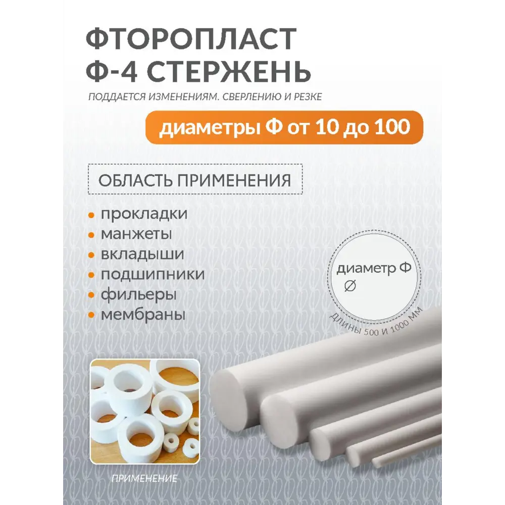 Стержень фторопластовый Ф-4 Поволжский центр РТИ Ftor40 D60 мм L1000 мм