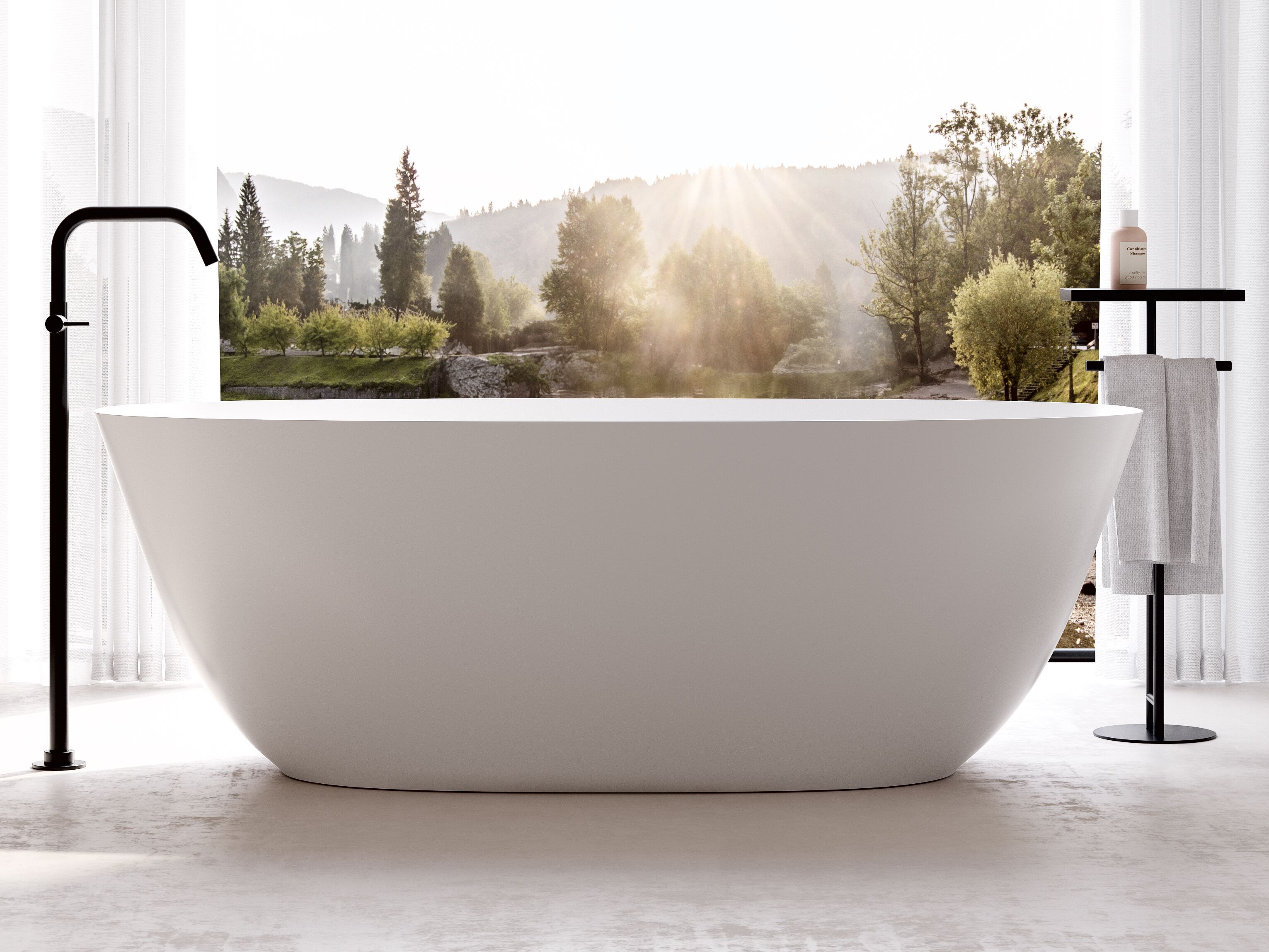 Овальная ванна в центре комнаты в твердой поверхности Ceramica Globo XENIA PLUS ARCH-00049372