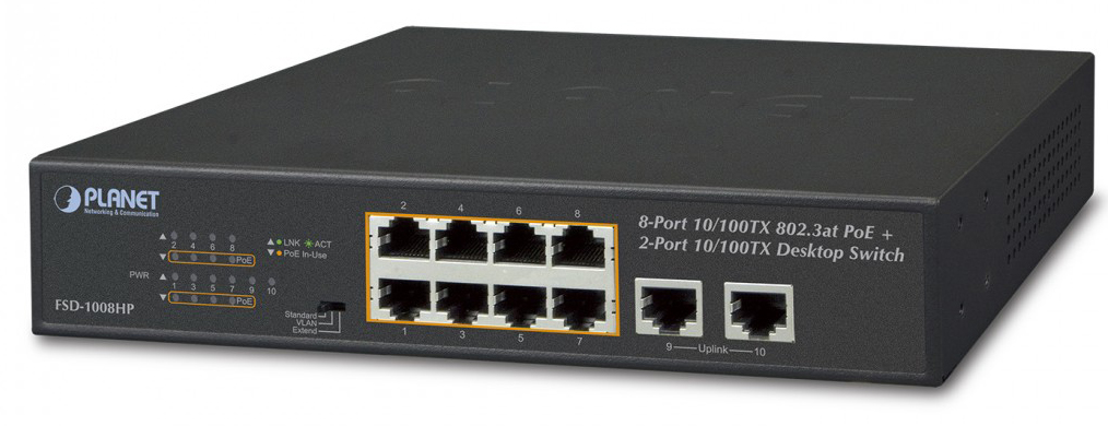 FSD-1008HP Planet 8-port 10/100tx 802.3at poe + 2-port 10/100tx desktop switch (120w poe budget, standard/vlan/extend mode, fanless, 10-inch and rack-mountable) PLANET Technology Corporation Santreyd 