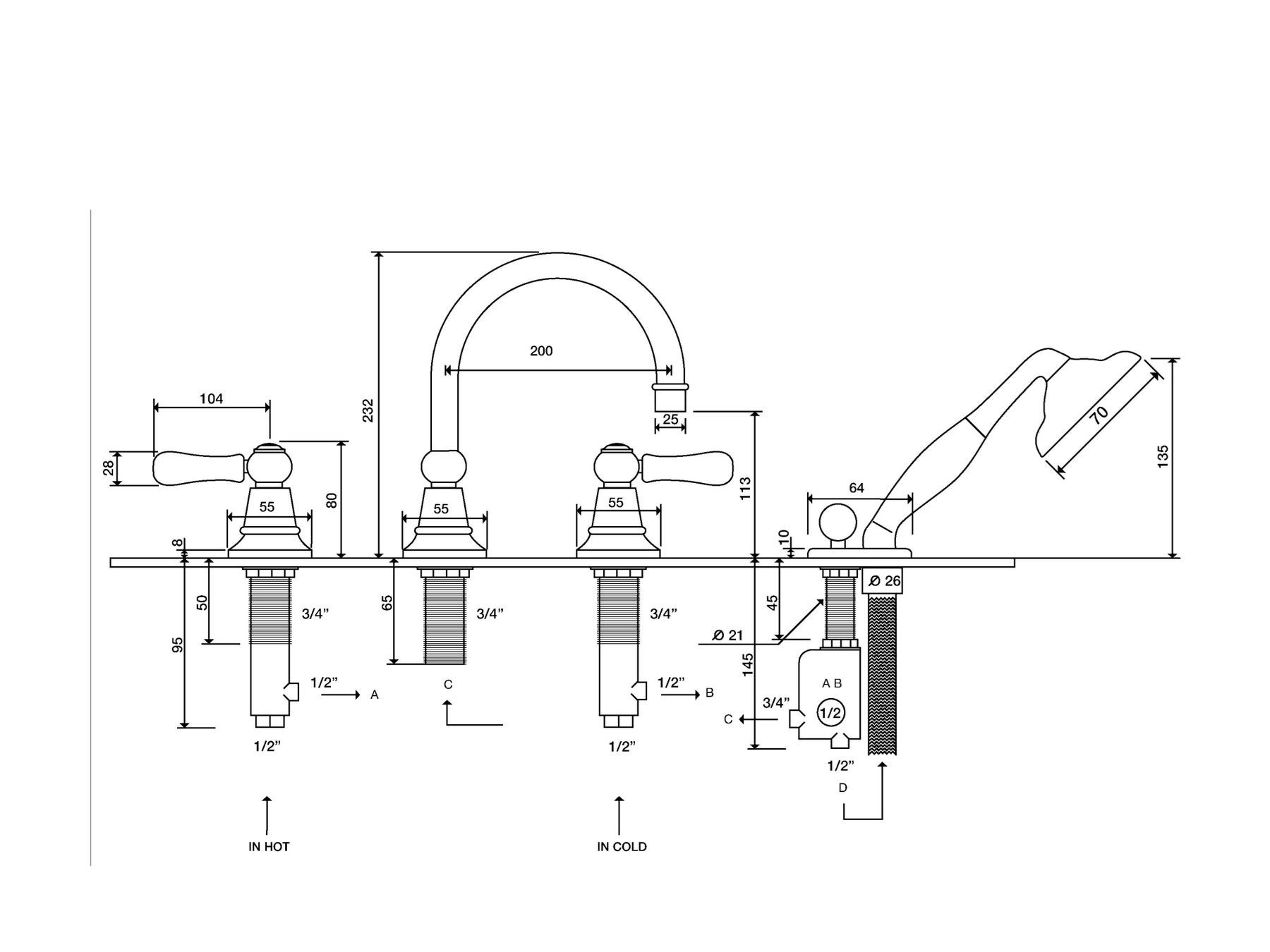 Набор для ванны с 4 отверстиями и ручным душем rvb FLAMANT BUTLER ARCH-00104071 - Вид №2