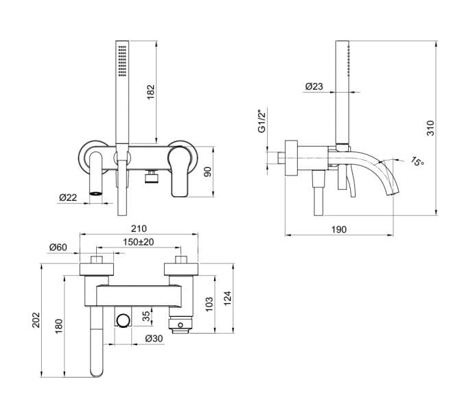Настенный смеситель для ванны с ручным душем ABOUTWATER AL/23 ARCH-00123668 - Вид №2