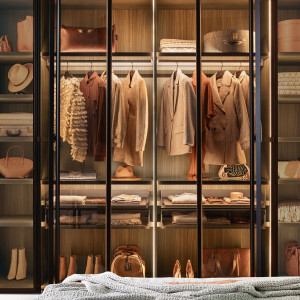 Деревянный и стеклянный настенный шкаф с книжными дверцами