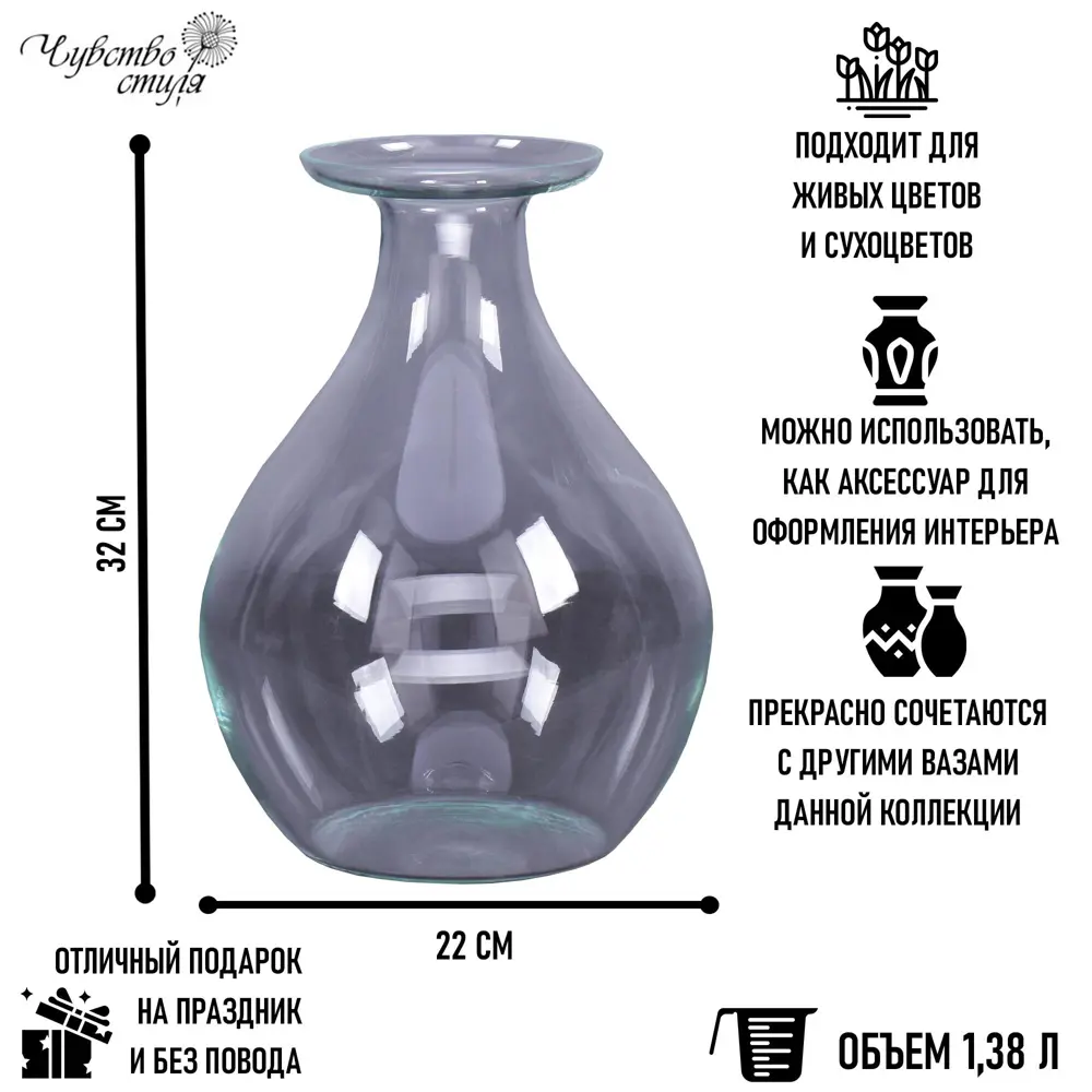 Ваза Капля стекло цвет прозрачный 32 см 88452288 STLM-2009595 Santreyd  - Вид №4