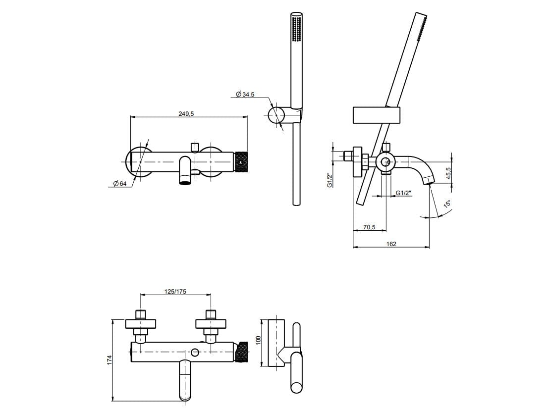 Настенный смеситель для ванны с ручным душем Rubinetterie Frattini Pepe XLS ARCH-00005940 - Вид №4
