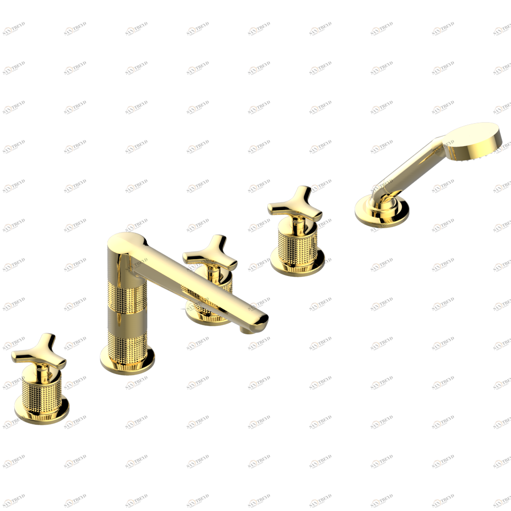 G9C-1132H Bath/shower set with high spout, 2 x 3/4" valves, rim mounted ceramic mixer tap with progressive cartridge & rim mounted handshower set Thg-paris System métal diamant Покрытие PVD золотистый цвет G9C 1132H CAT.F