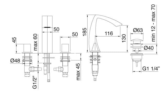 Смеситель для раковины с 3 отверстиями Rubinetterie Treemme Archè ARCH-00022061 - Вид №2