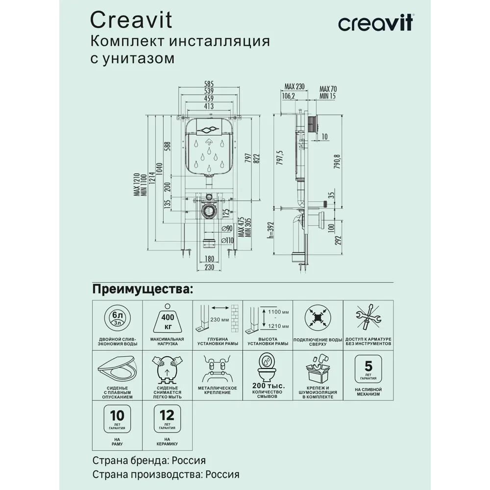 Комплект инсталляция с унитазом Creavit YD.SET.041.01, с клавишей, с микролифтом, цвет базальт STLM-2072150 - Вид №2