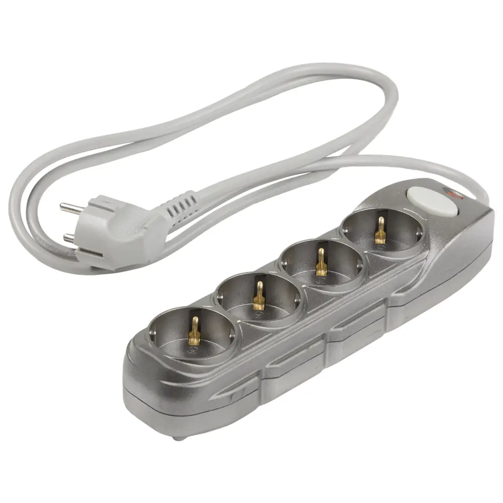 Удлинитель с заземлением, 4 розетки, 1.5 м, выключатель, цвет серый ELECTRALINE STLM-2123913